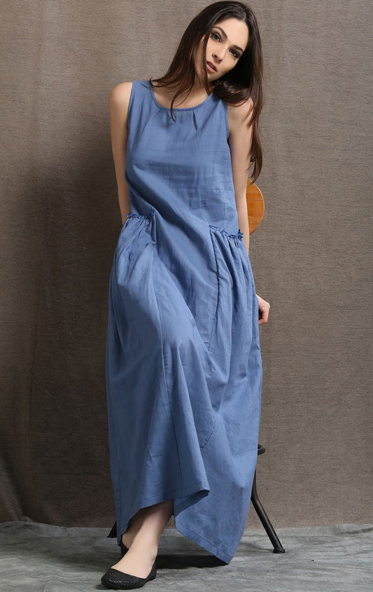 Maxi Linen Dress - Blue Long Casual Comfortable Sleeveless Women's Summer Dress with 2 Large Pockets C426