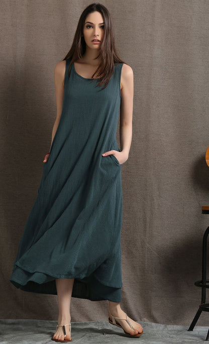 Layered Linen Maxi Dress - Long Sage Green Casual Everyday Comfortable Loose-Fitting Plus Size Women's Dress (C414)