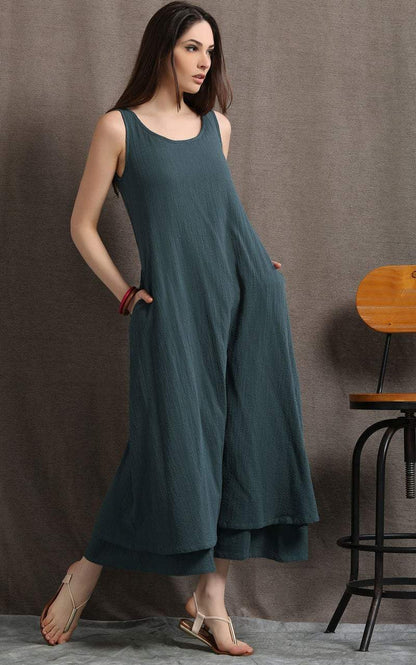 Layered Linen Maxi Dress - Long Sage Green Casual Everyday Comfortable Loose-Fitting Plus Size Women's Dress (C414)