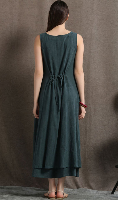 Layered Linen Maxi Dress - Long Sage Green Casual Everyday Comfortable Loose-Fitting Plus Size Women's Dress (C414)