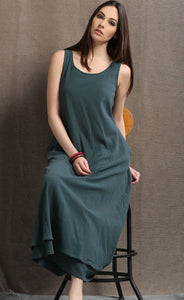 Layered Linen Maxi Dress - Long Sage Green Casual Everyday Comfortable Loose-Fitting Plus Size Women's Dress (C414)