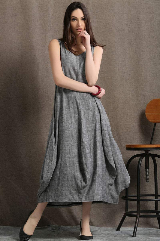 Gray Maxi Dress - Linen Sleeveless Long Marl Grey Summer Dress with Tulip Shaped Skirt Handmade Plus Size Dress C417