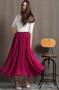 Fuchsia Pink Skirt - Bright Flared Elegant Flowing Chiffon Women's Skirt with Ruffle Hem & Elasticated Waist Plus Size Clothing (C406)