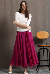 Fuchsia Pink Skirt - Bright Flared Elegant Flowing Chiffon Women's Skirt with Ruffle Hem & Elasticated Waist Plus Size Clothing (C406)