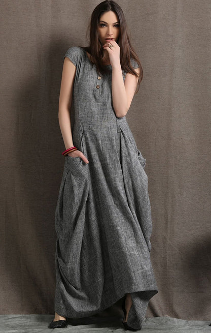 Gray Linen Dress - Long Maxi Boho Style Short Sleeved Shift Dress with Two Large Pockets Spring Summer Fashion (C427)