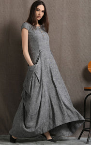 Gray Linen Dress - Long Maxi Boho Style Short Sleeved Shift Dress with Two Large Pockets Spring Summer Fashion (C427)