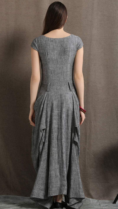 Gray Linen Dress - Long Maxi Boho Style Short Sleeved Shift Dress with Two Large Pockets Spring Summer Fashion (C427)