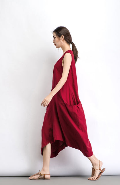Linen dress, plus size dress, maxi dress, summer dress, red dress, women dress, loose fitting dress, long dresses, asymmetrical dress C489