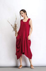 Linen dress, plus size dress, maxi dress, summer dress, red dress, women dress, loose fitting dress, long dresses, asymmetrical dress C489