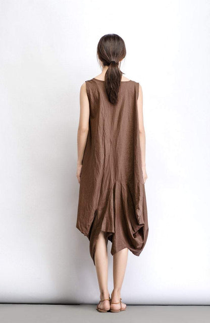 Brown Linen dress, long linen dress, midi Dress, linen dress, sleeveless dress, womens dresses, asymmetrical dress, summer dress (C488)