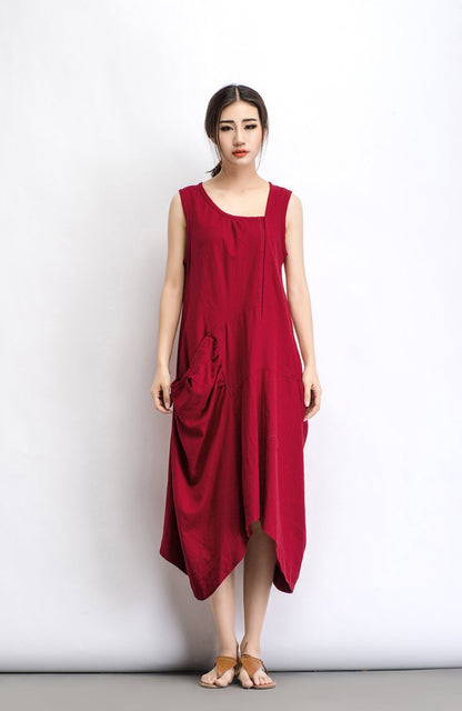 Linen dress, plus size dress, maxi dress, summer dress, red dress, women dress, loose fitting dress, long dresses, asymmetrical dress C489