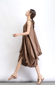 Brown Linen dress, long linen dress, midi Dress, linen dress, sleeveless dress, womens dresses, asymmetrical dress, summer dress (C488)