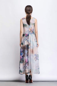 Floral Chiffon Dress - Elegant Summer Party Dress in Watercolor Flowers Print Sleeveless Long Maxi Women's Fashion C470