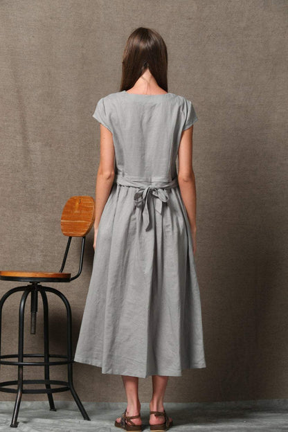 Gray Linen Dress, linen dress, long linen dress, woman dress, Short Sleeved dress, Loose linen dress, linen summer dress, casual dress C543
