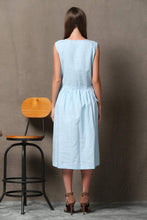 Load image into Gallery viewer, Blue Linen Dress - Powder Blue Sleeveless Pintuck Midi Length Summer Dress with Drawstring Waist C549
