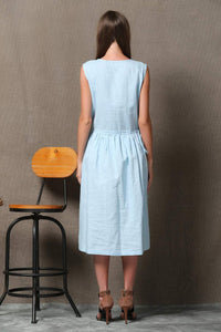 Blue Linen Dress - Powder Blue Sleeveless Pintuck Midi Length Summer Dress with Drawstring Waist C549