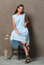 Load image into Gallery viewer, Blue Linen Dress - Powder Blue Sleeveless Pintuck Midi Length Summer Dress with Drawstring Waist C549
