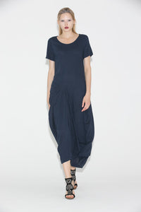 Navy blue linen dress - Casual Chic Summer Loose-Fitting Plus Size Comfortable Women's Dress (C688)