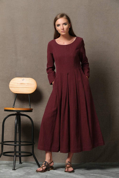 Burgundy Linen Dress - Semi-Fitted Long Maxi Plus Size dress C606