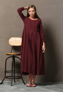 Burgundy Linen Dress - Semi-Fitted Long Maxi Plus Size Long-Sleeved Spring/Summer Woman's Dress with Round Scoop Neckline C606