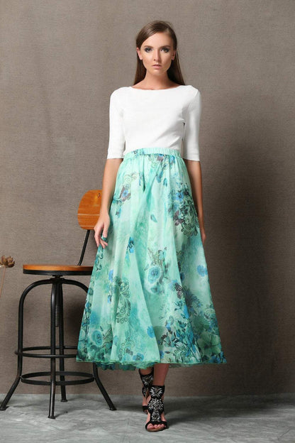 Turquoise skirt, chiffon skirt, print maxi skirt, sheer skirt, butterfly skirt, long skirt, floral skirt, flower skirt, summer skirt C564