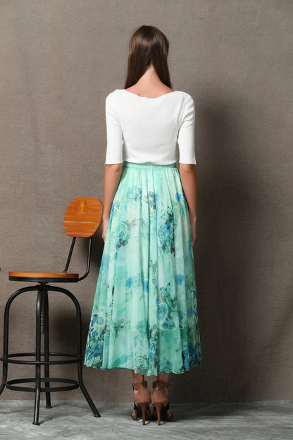 Turquoise skirt, chiffon skirt, print maxi skirt, sheer skirt, butterfly skirt, long skirt, floral skirt, flower skirt, summer skirt C564