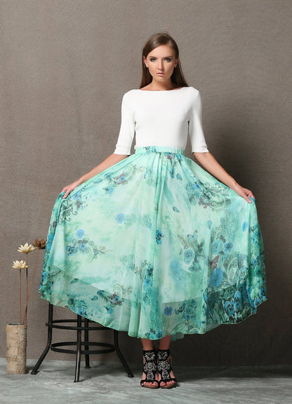 Turquoise skirt, chiffon skirt, print maxi skirt, sheer skirt, butterfly skirt, long skirt, floral skirt, flower skirt, summer skirt C564