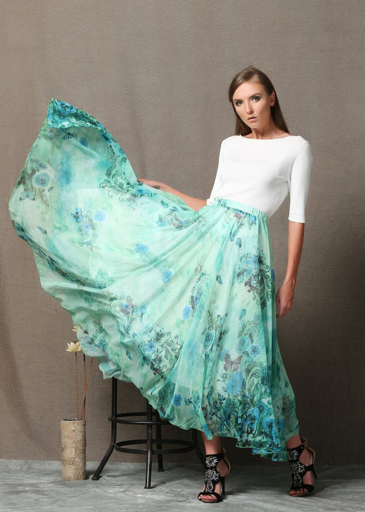 Turquoise skirt, chiffon skirt, print maxi skirt, sheer skirt, butterfly skirt, long skirt, floral skirt, flower skirt, summer skirt C564