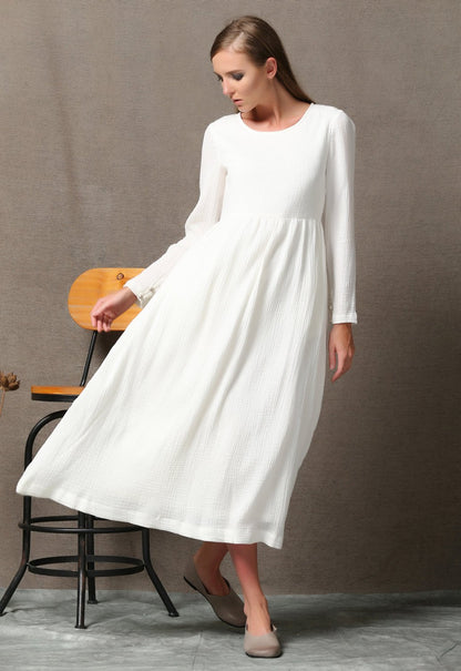 Casual long sleeve white maxi dress C555