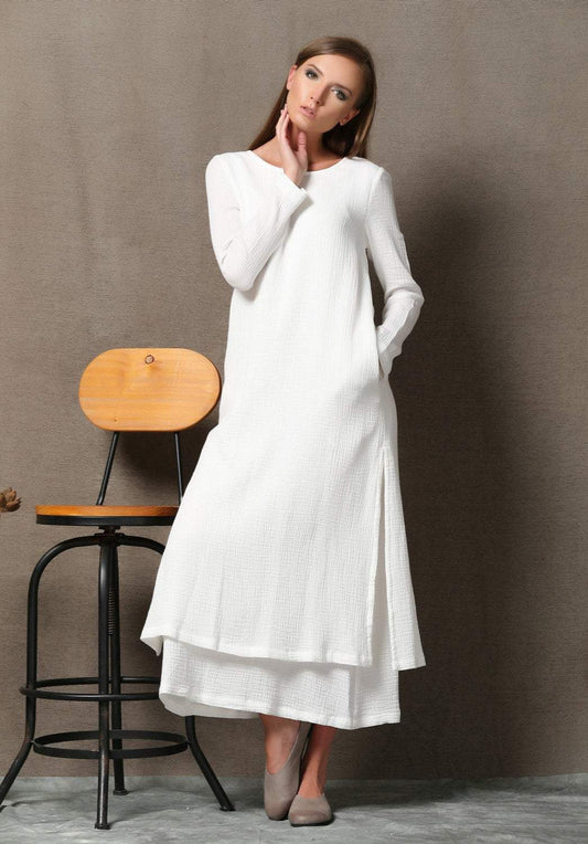 long dress, White linen dress, linen clothing, maxi dress, layered dress, long sleeve dress, white cotton dress, women white dress C554