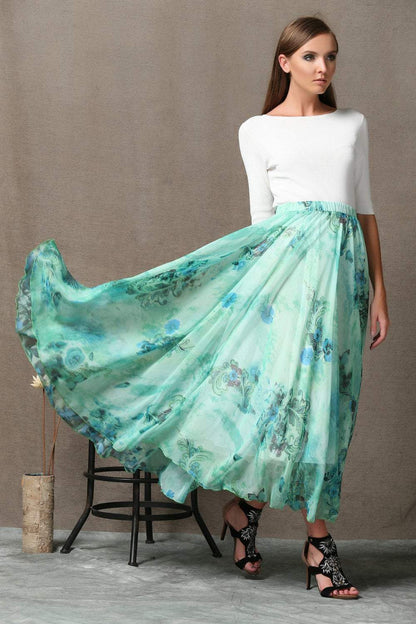 Turquoise skirt, chiffon skirt, print maxi skirt, sheer skirt, butterfly skirt, long skirt, floral skirt, flower skirt, summer skirt C564