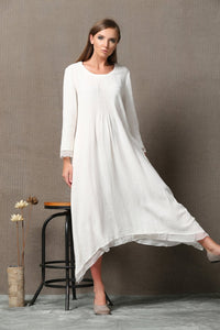 White Linen & Chiffon Long-Sleeved Asymmetrical Summer Dress C560