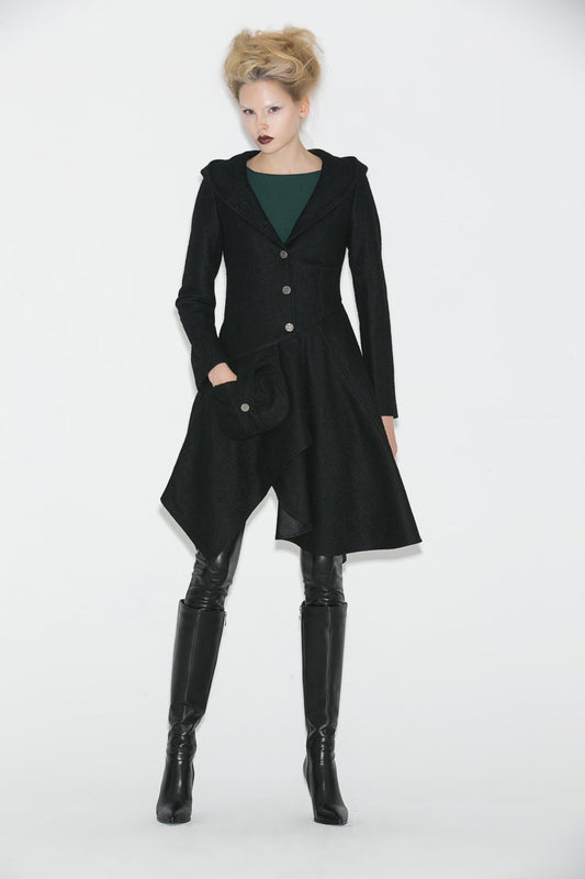 Black Swing Coat - Contemporary Unique Design Winter Jacket with Pixie Rag Hemline and Large Front Pocket C671