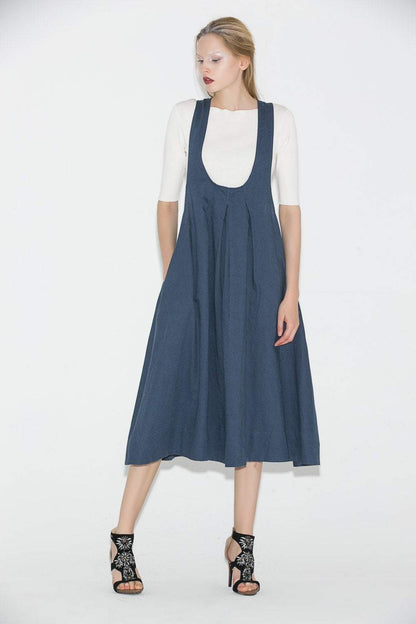 Pinafore Dress, womens dress, linen dress, blue dress, summer dress, loose dress, casual dress, maternity dress, midi dress C693