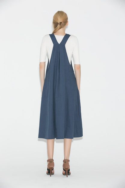 Pinafore Dress, womens dress, linen dress, blue dress, summer dress, loose dress, casual dress, maternity dress, midi dress C693
