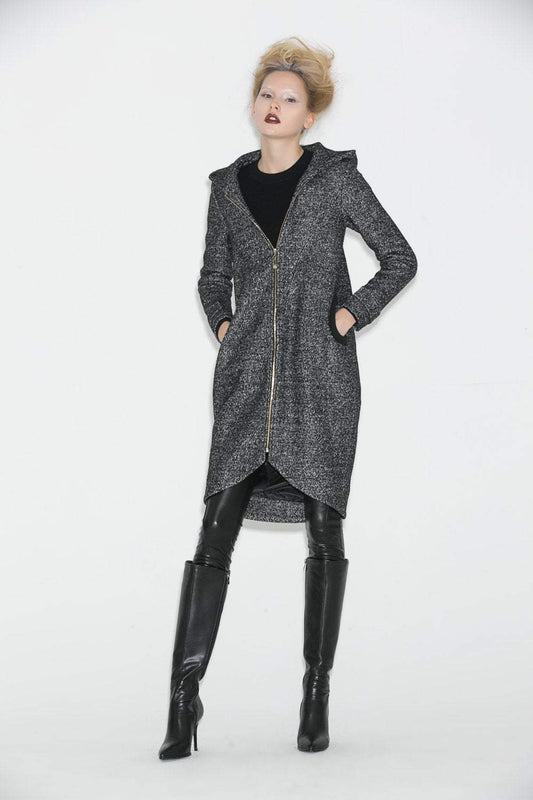 Hooded Winter Coat, Gray Mid Length Womens Jacket, Zipper Closure and Tulip Shape Hemline Womens Outerwear, Winter Coat C672