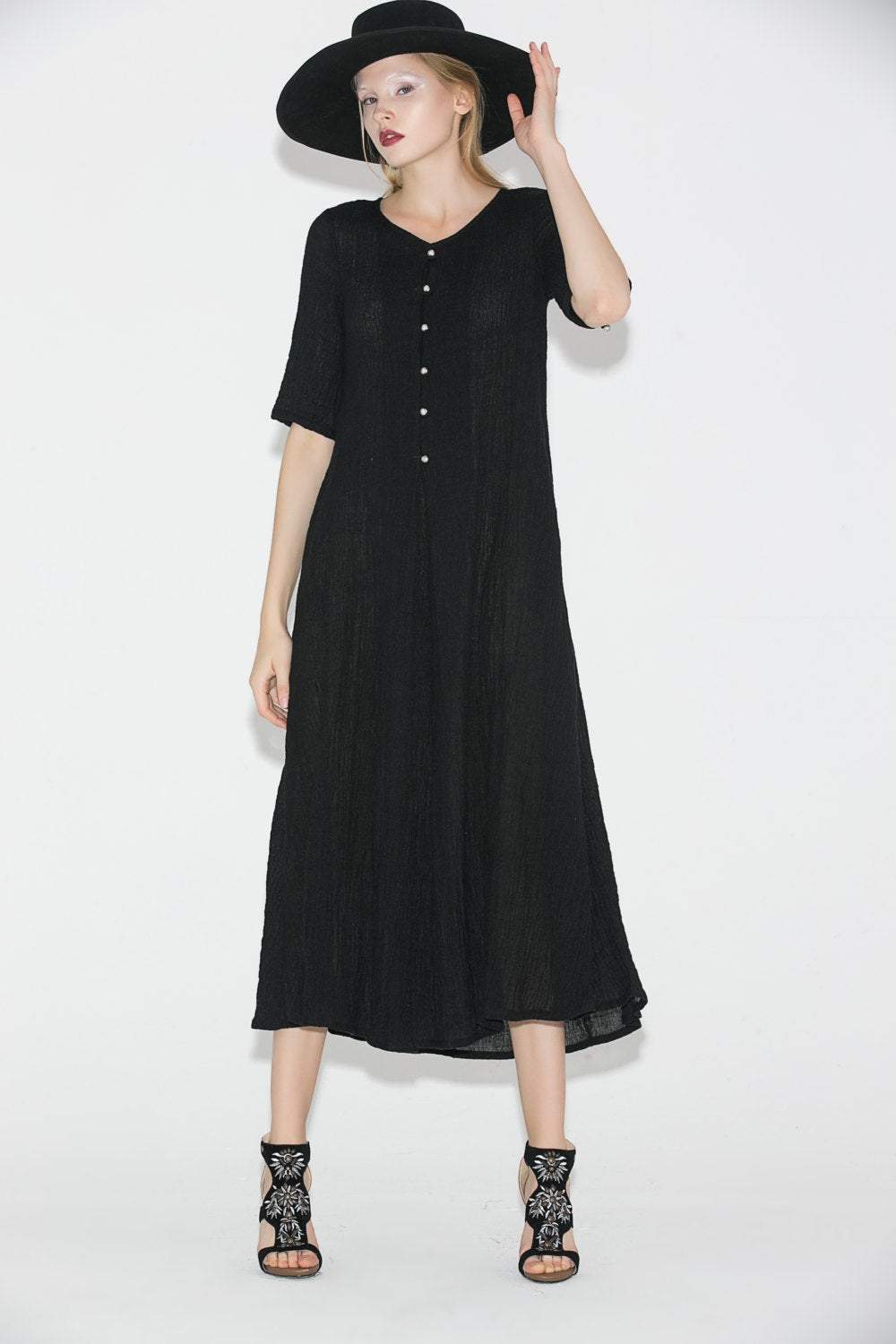 Black Linen Dress - Elegant Long Shirt-Style Loose-Fitted Comfortable Everyday Handmade Dress with Half Sleeves C689