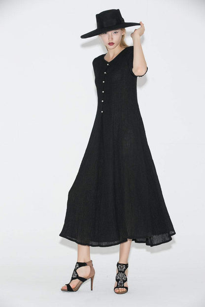 Black Linen Dress - Elegant Long Shirt-Style Loose-Fitted Comfortable Everyday Handmade Dress with Half Sleeves C689