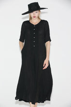 Load image into Gallery viewer, Black Linen Dress - Elegant Long Shirt-Style Loose-Fitted Comfortable Everyday Handmade Dress with Half Sleeves C689
