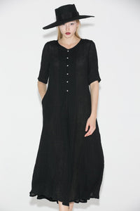 Black Linen Dress - Elegant Long Shirt-Style Loose-Fitted Comfortable Everyday Handmade Dress with Half Sleeves C689