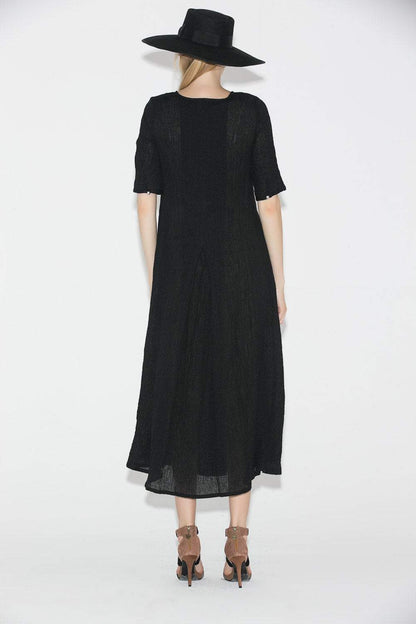 Black Linen Dress - Elegant Long Shirt-Style Loose-Fitted Comfortable Everyday Handmade Dress with Half Sleeves C689