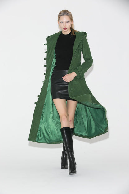 Green Coat, womens coat, wool coat, long coat, Long Fitted Hooded Single-Breasted Fully Lined Womens  Autumn Winter Outerwear  C683