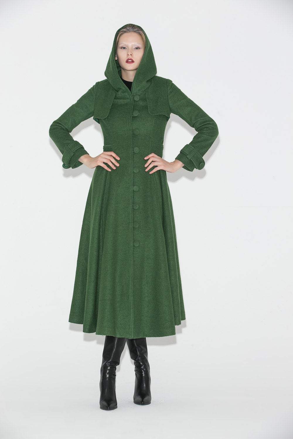 Green Coat, womens coat, wool coat, long coat, Long Fitted Hooded Single-Breasted Fully Lined Womens  Autumn Winter Outerwear  C683