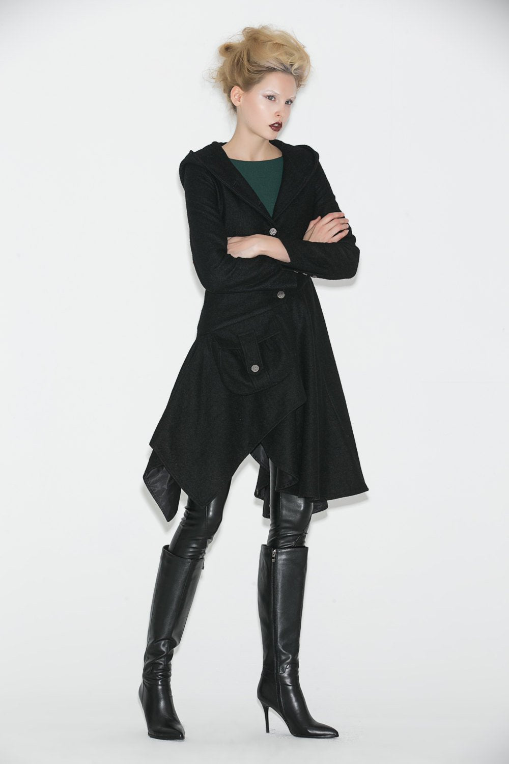 Black Swing Coat - Contemporary Unique Design Winter Jacket with Pixie Rag Hemline and Large Front Pocket C671