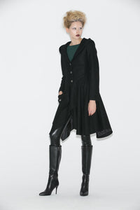 Black Swing Coat - Contemporary Unique Design Winter Jacket with Pixie Rag Hemline and Large Front Pocket C671