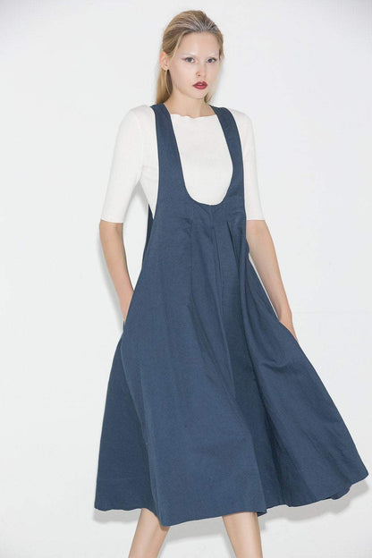 Pinafore Dress, womens dress, linen dress, blue dress, summer dress, loose dress, casual dress, maternity dress, midi dress C693