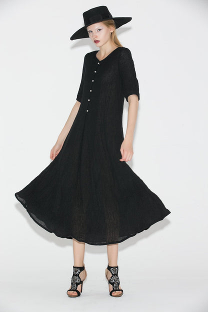 Black Linen Dress - Elegant Long Shirt-Style Loose-Fitted Comfortable Everyday Handmade Dress with Half Sleeves C689