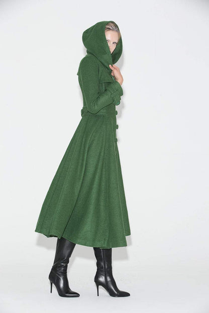 Green Coat, womens coat, wool coat, long coat, Long Fitted Hooded Single-Breasted Fully Lined Womens  Autumn Winter Outerwear  C683
