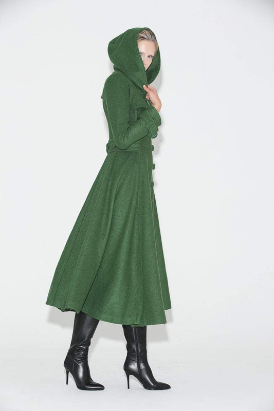 Green Coat, womens coat, wool coat, long coat, Long Fitted Hooded Single-Breasted Fully Lined Womens  Autumn Winter Outerwear  C683