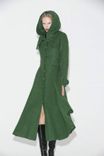 Load image into Gallery viewer, Green Coat, womens coat, wool coat, long coat, Long Fitted Hooded Single-Breasted Fully Lined Womens  Autumn Winter Outerwear  C683
